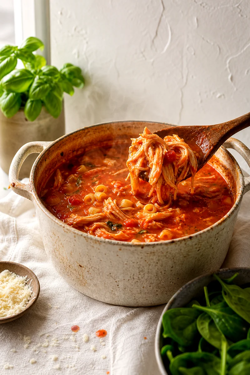 Shredded chicken being stirred into red tomato broth with pasta in a rustic pot