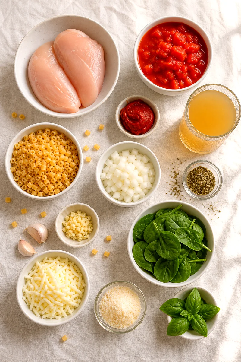 Chicken breast, tomatoes, pasta, onion, garlic, broth, spinach, cheeses, seasoning, and basil on white linen