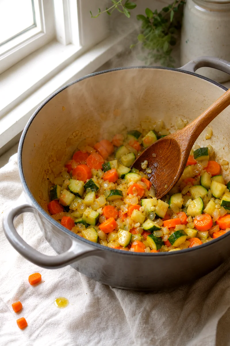 Onion, garlic, carrots, and zucchini sautéing in a pot with a wooden spoon