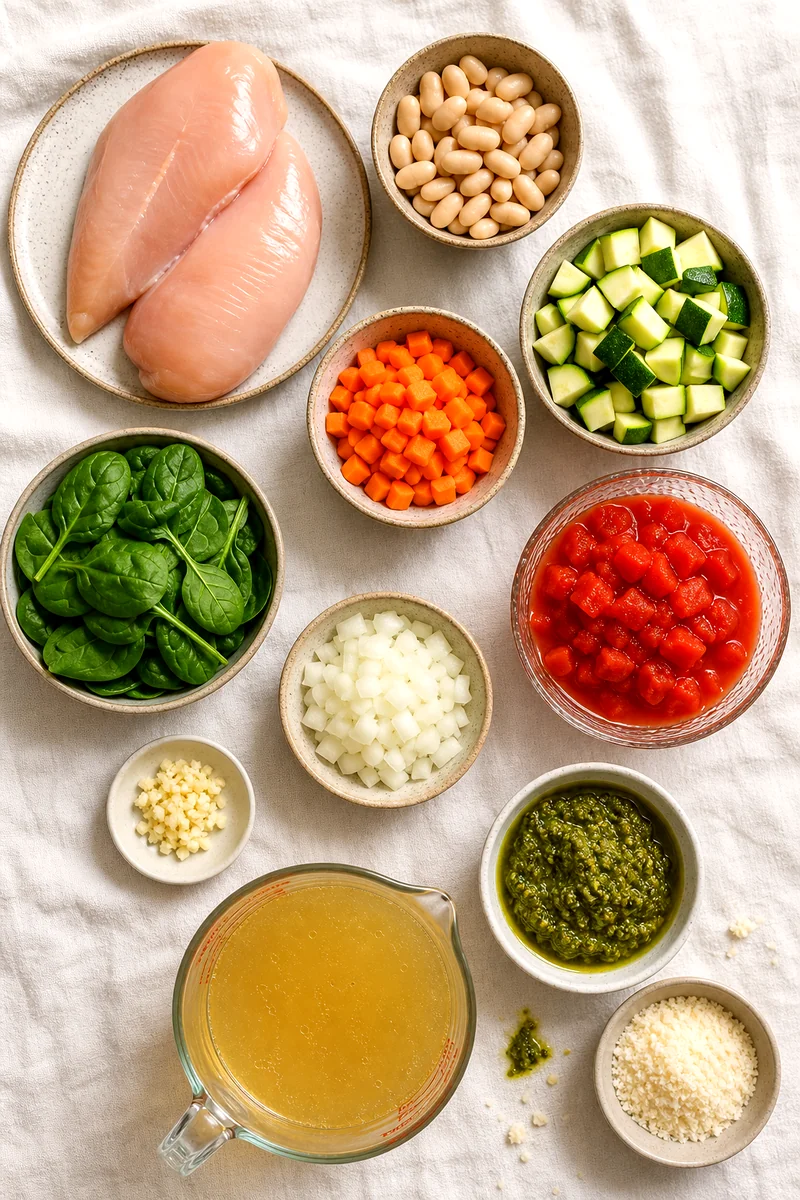 Raw chicken, cannellini beans, zucchini, carrots, spinach, tomatoes, broth, pesto, and Parmesan on white linen