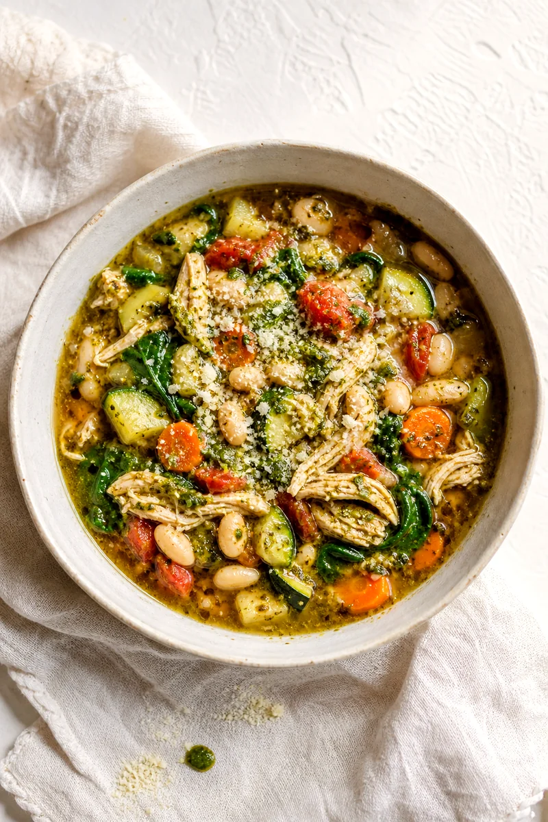Top view of chicken pesto vegetable soup with beans, spinach, tomatoes, zucchini, carrots, and Parmesan