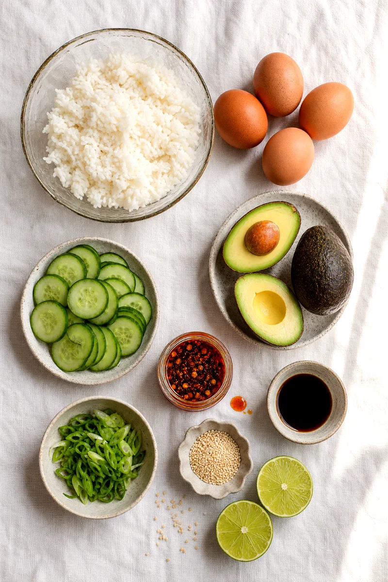 chili-crisp-egg-avocado-rice-bowl-ingredients