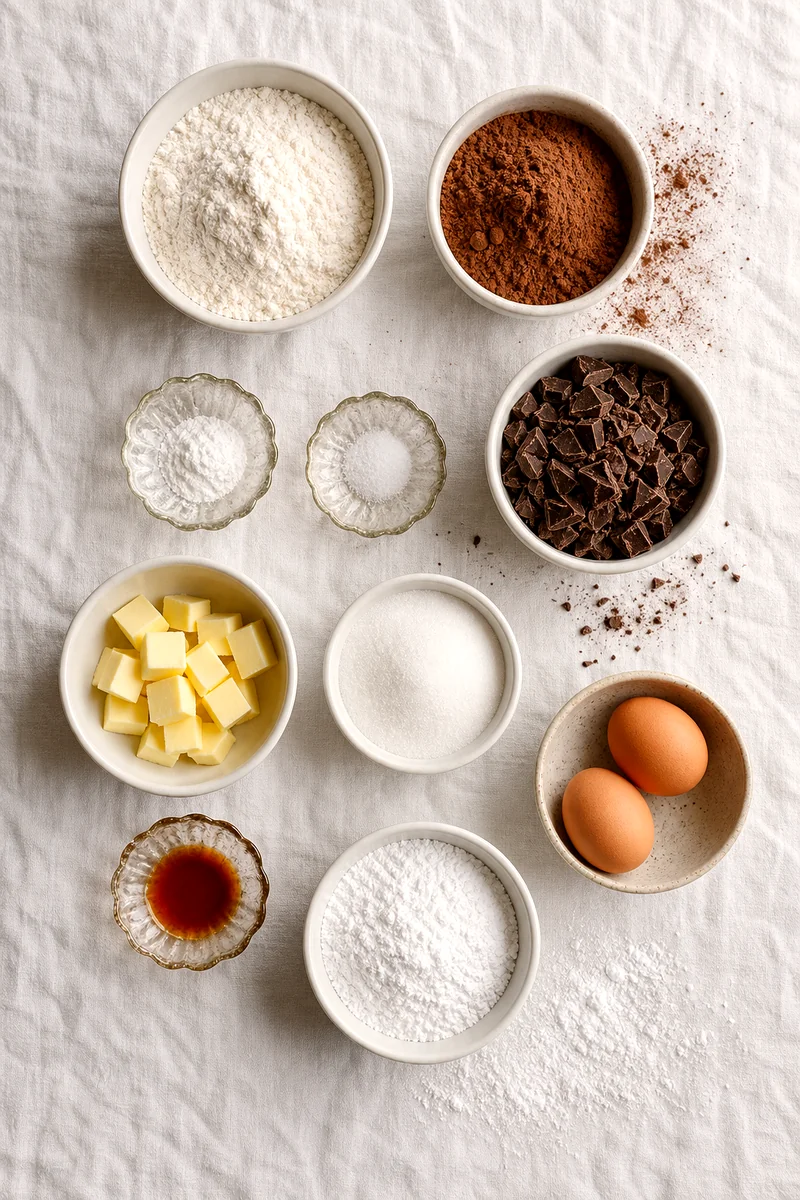 Measured flour, cocoa, chocolate, butter, sugar, eggs, vanilla, salt, baking powder, and powdered sugar