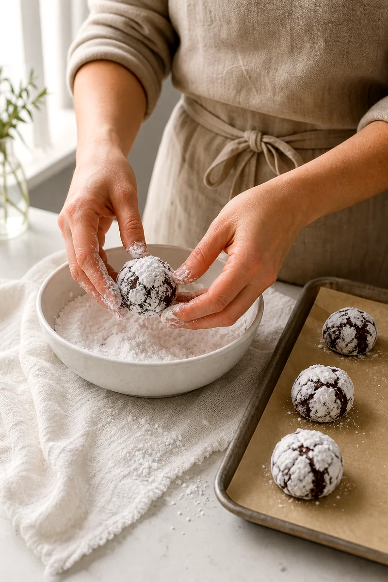 Hands coating dark chocolate cookie dough balls in powdered sugar before baking