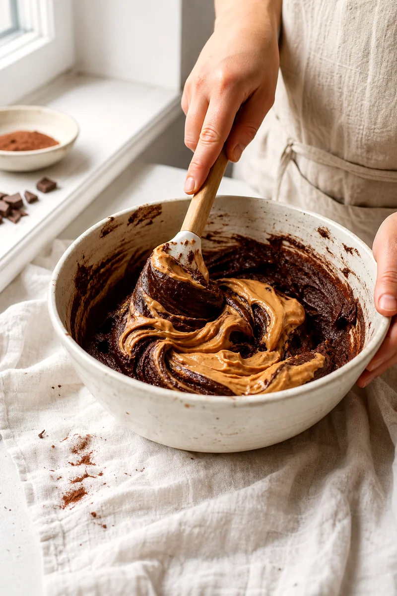 Peanut butter being folded into dark chocolate cookie dough in a white ceramic bowl