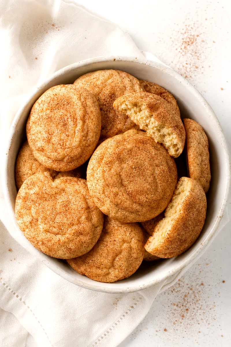 Bowl of cinnamon sugar snickerdoodle cookies with one broken open to show the soft center