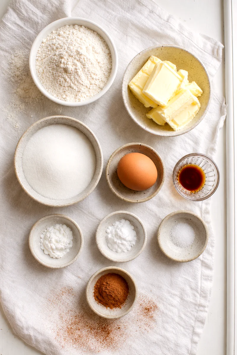 Measured flour, butter, sugar, egg, vanilla, cinnamon, and leaveners for snickerdoodle cookies