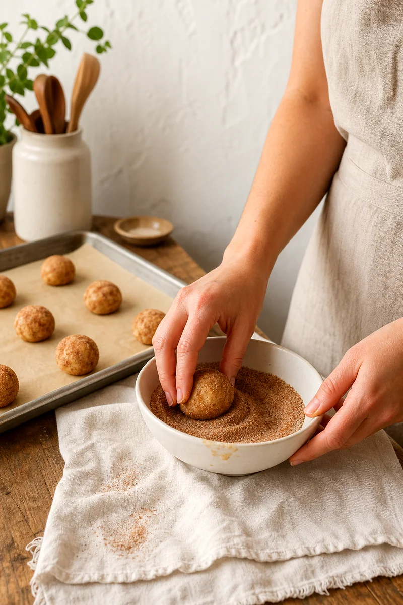 Hands coating snickerdoodle dough balls in cinnamon sugar beside a baking sheet