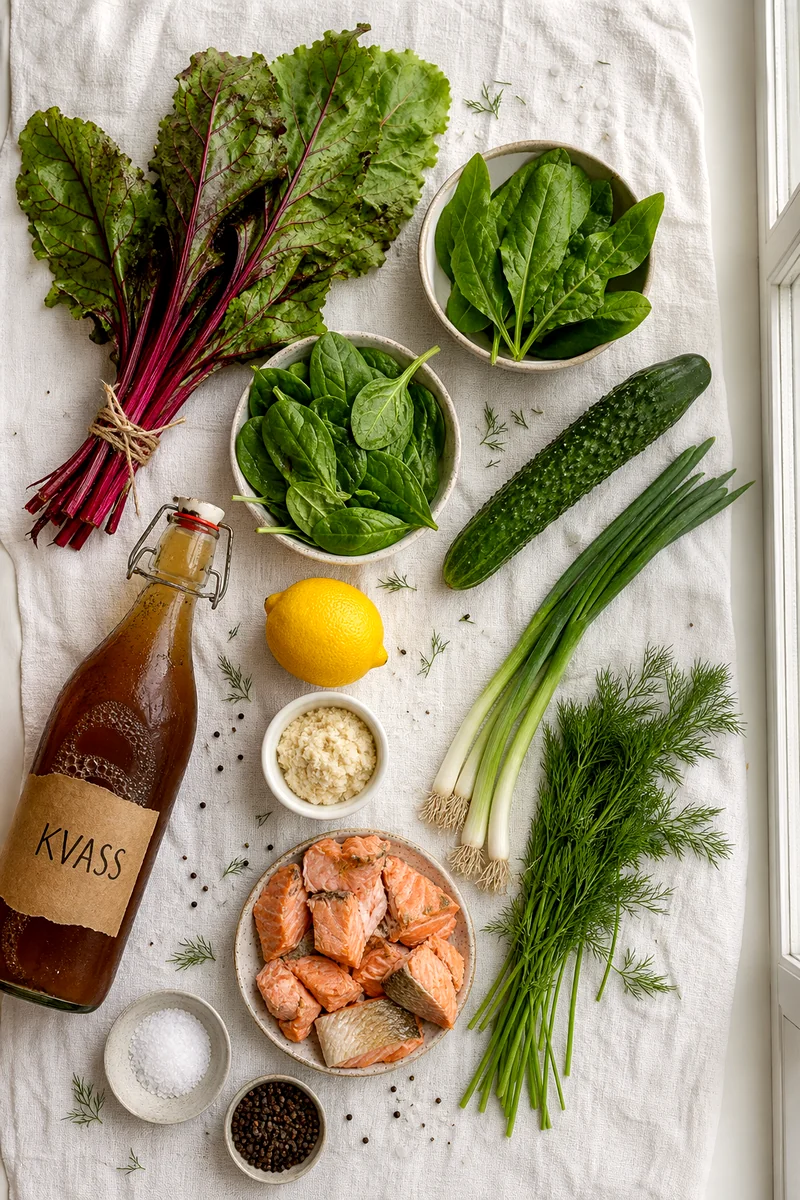 Beet greens, sorrel, spinach, cucumber, dill, kvass, lemon, horseradish, and cooked salmon arranged on white linen