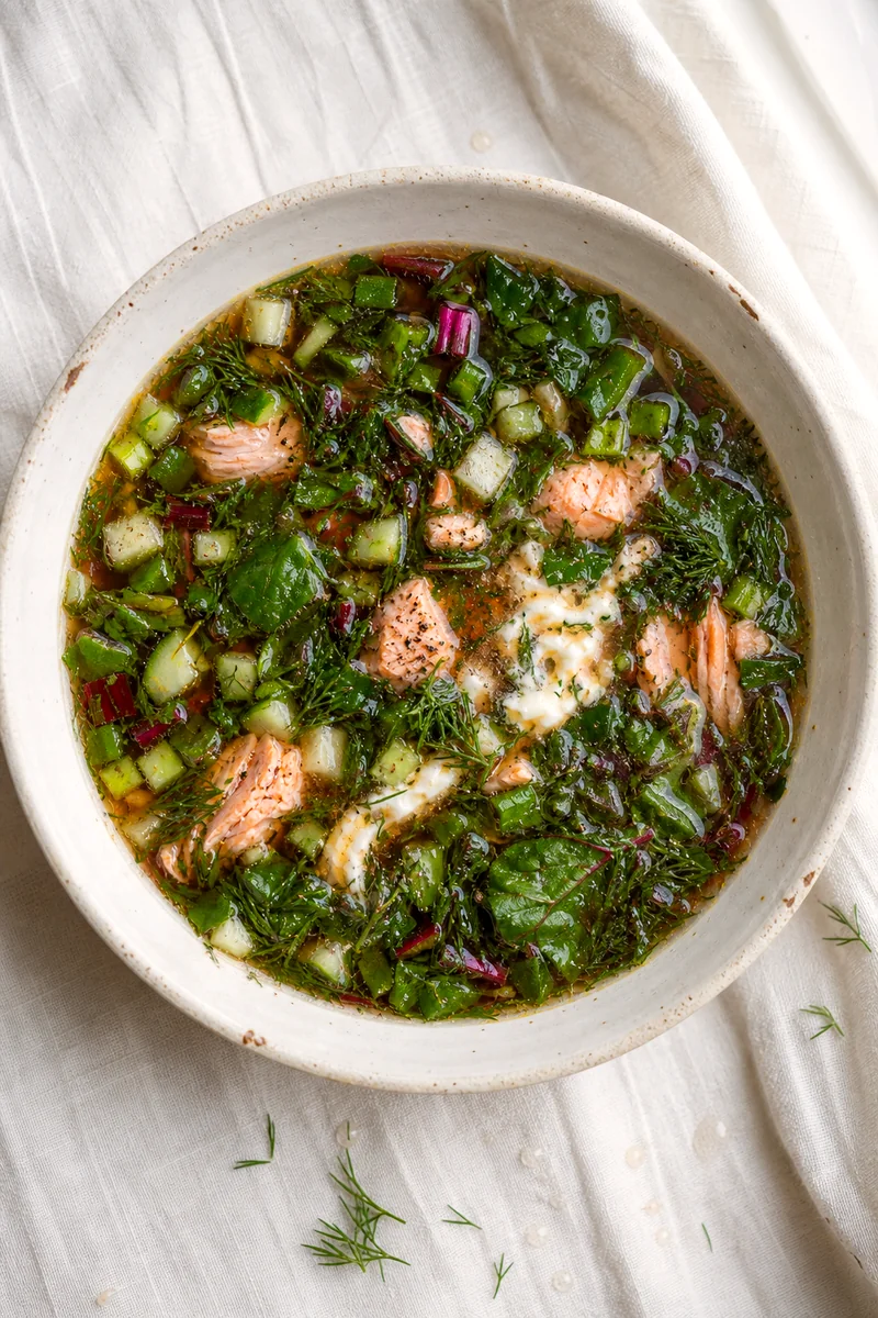 Top view of chilled beet greens soup with salmon, cucumber, dill, and black pepper