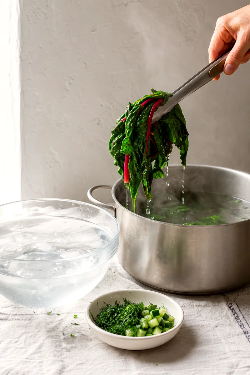 Blanched beet greens, sorrel, and spinach lifted from a pot beside a bowl of cold water