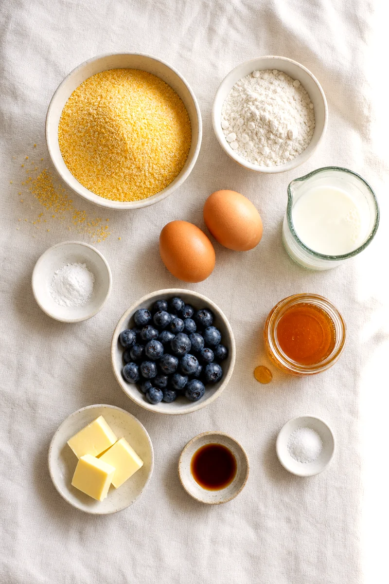 cornmeal-pancake-ingredients-blueberries-honey
