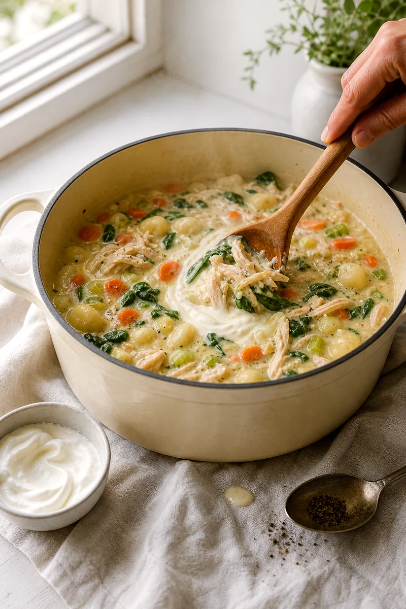 Wooden spoon stirring creamy broth with chicken, gnocchi, spinach, carrots, and celery in a pot
