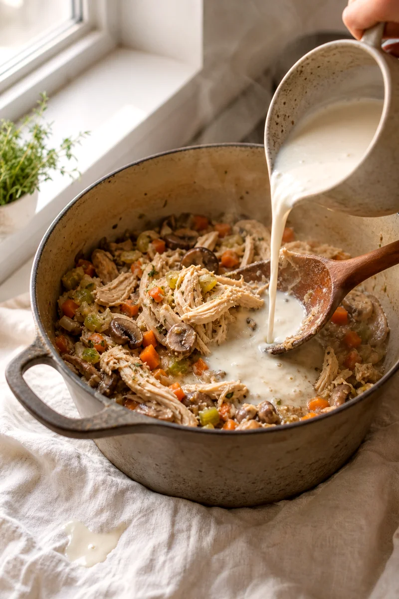 Shredded chicken and creamy yogurt mixture being stirred into wild rice soup in a rustic pot