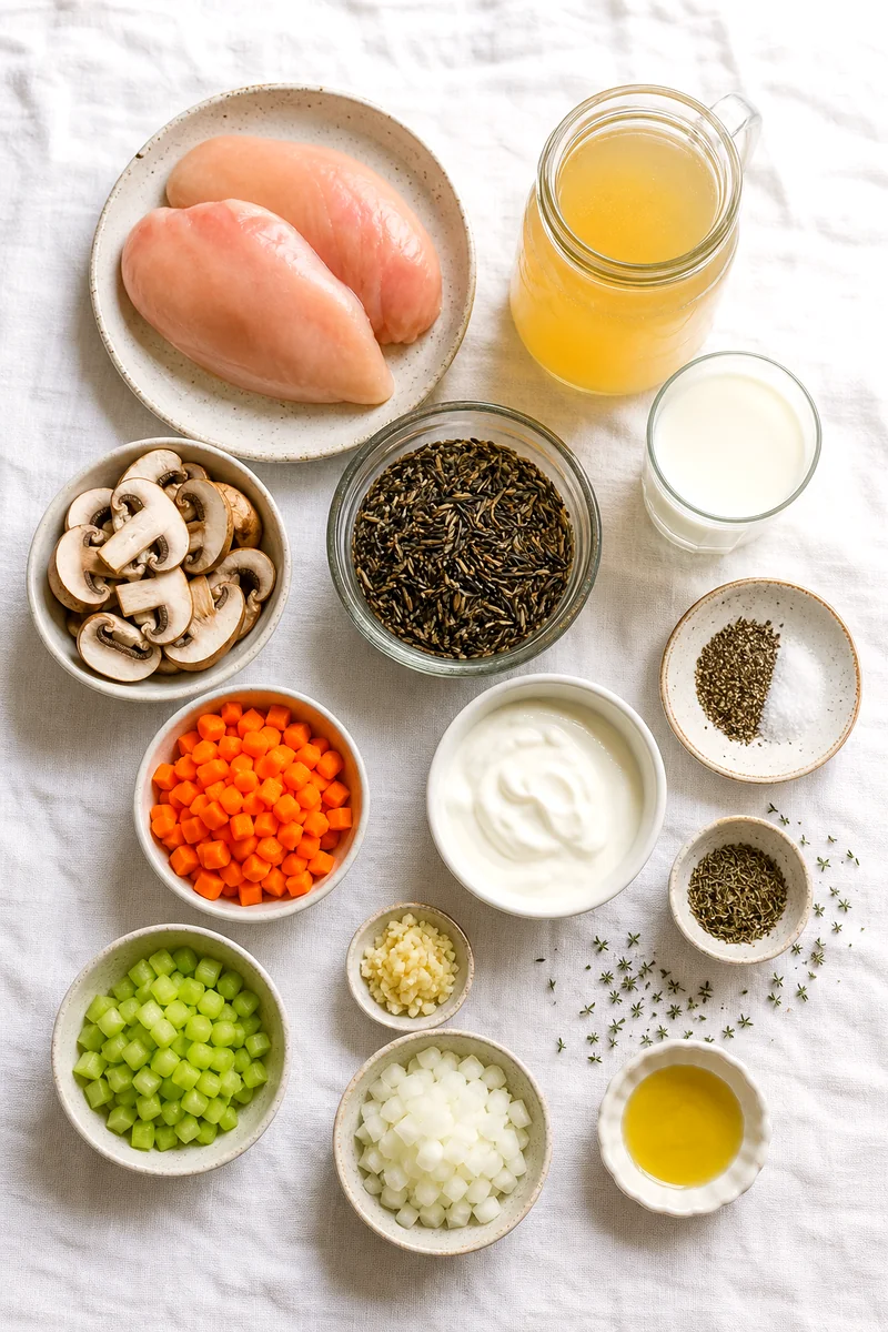 Chicken breast, wild rice, mushrooms, carrots, celery, onion, garlic, broth, milk, Greek yogurt, and seasonings