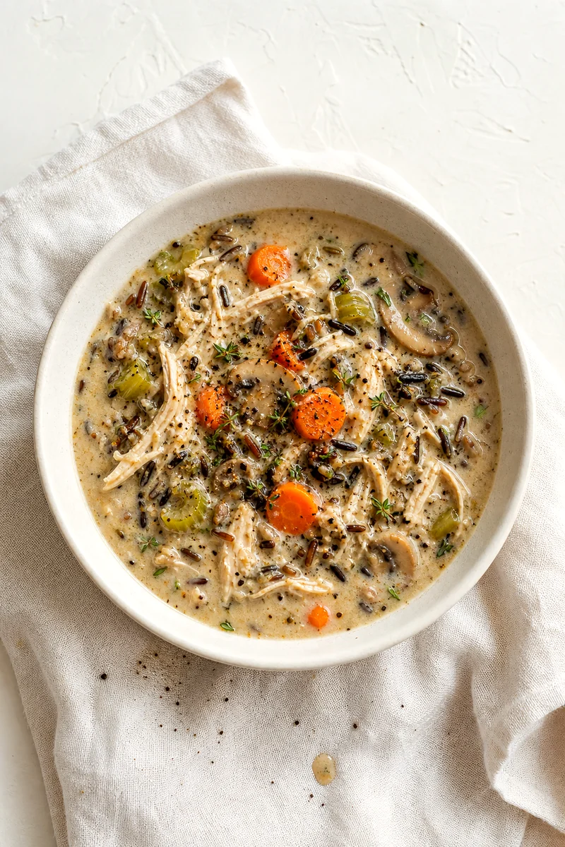 Top down bowl of creamy chicken and wild rice soup with vegetables and black pepper