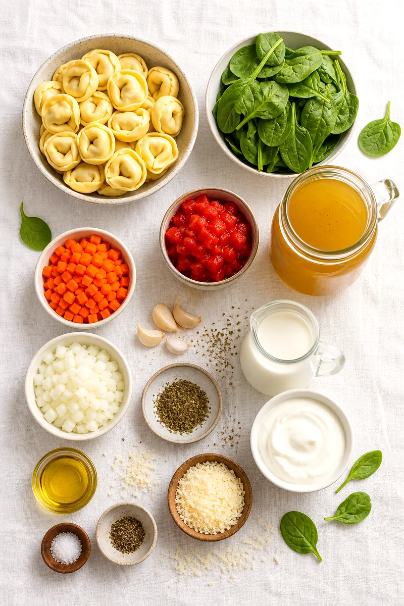 Top down arrangement of tortellini, spinach, tomatoes, carrots, onion, garlic, broth, milk, yogurt, seasoning, and Parmesan
