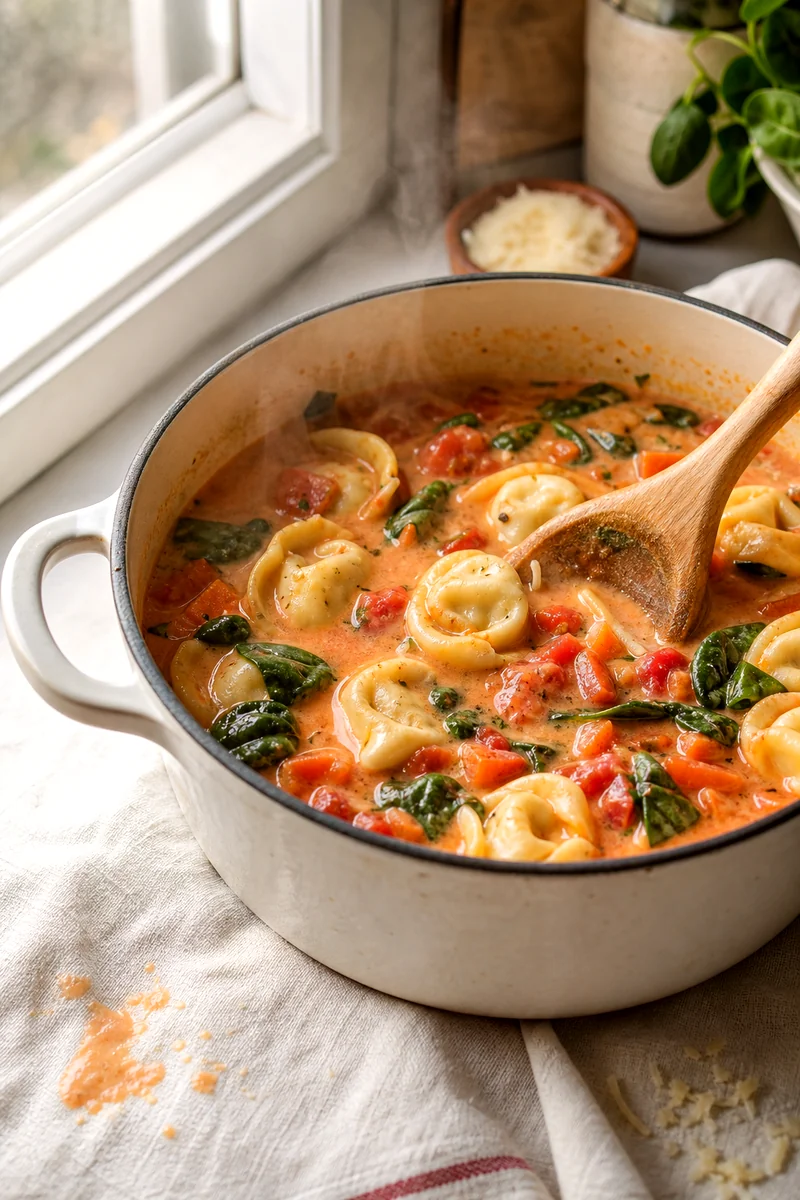 Wooden spoon stirring tortellini and spinach in a creamy tomato soup pot