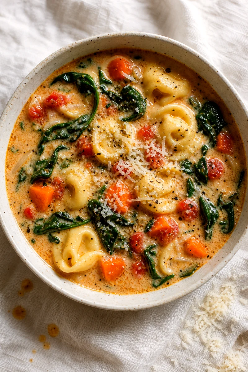 Top down bowl of creamy tortellini soup with spinach, tomatoes, carrots, and Parmesan