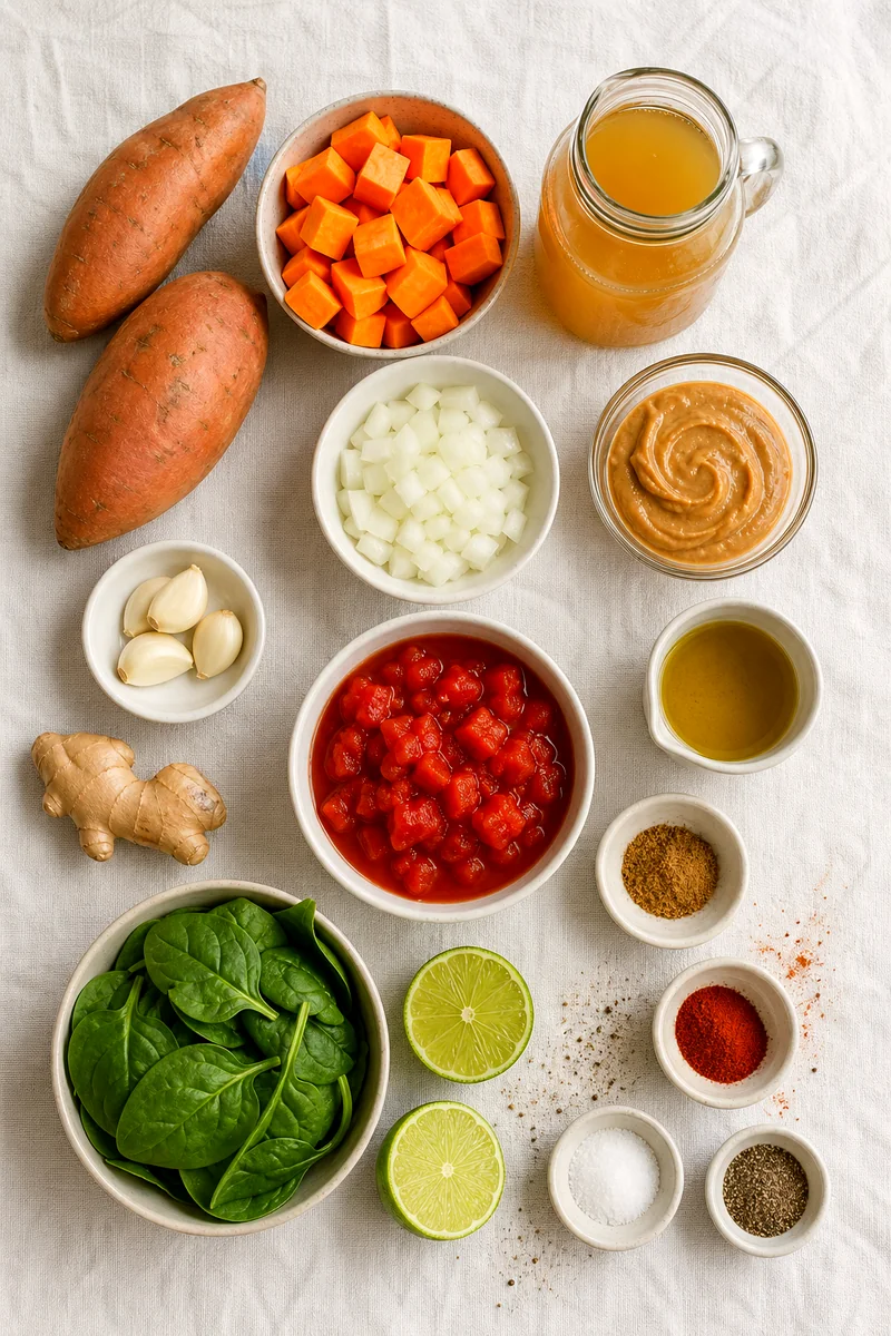 Sweet potatoes, onion, garlic, ginger, broth, peanut butter, tomatoes, spices, spinach, and lime arranged on white linen