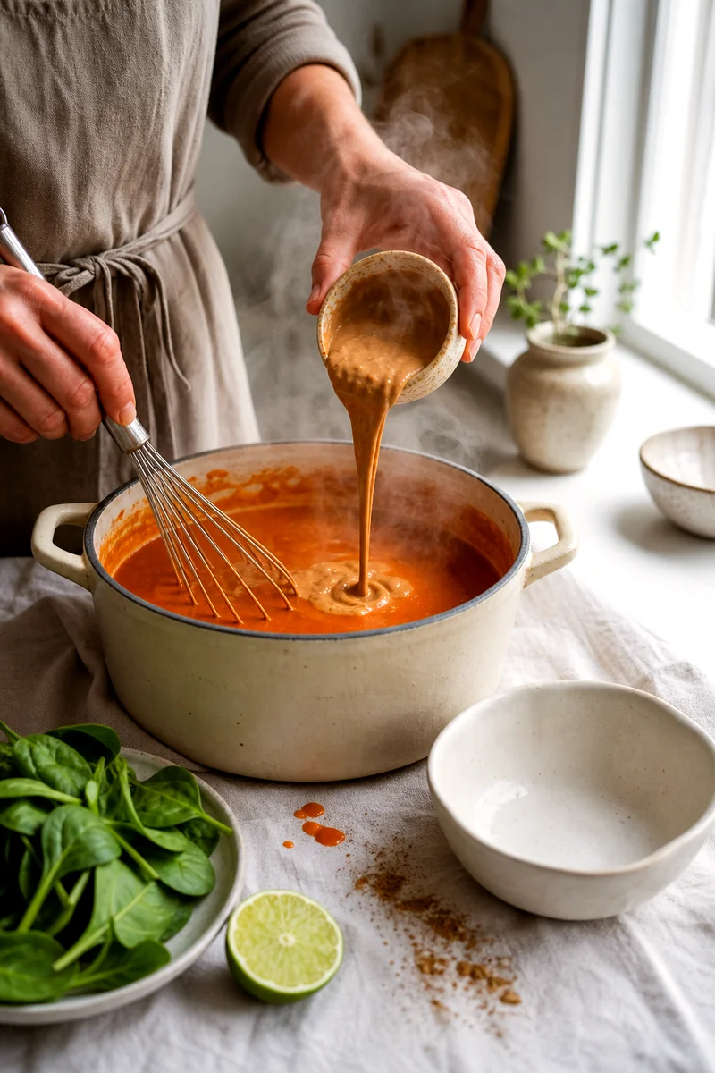 Peanut butter being stirred into a steaming orange sweet potato soup with spinach and lime nearby