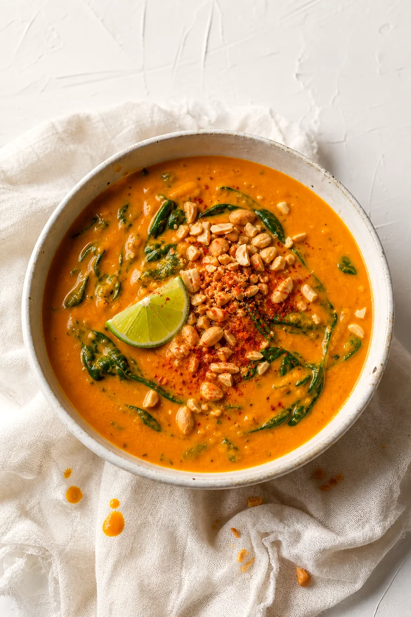Top down bowl of creamy sweet potato peanut soup topped with spinach, lime, chopped peanuts, and paprika