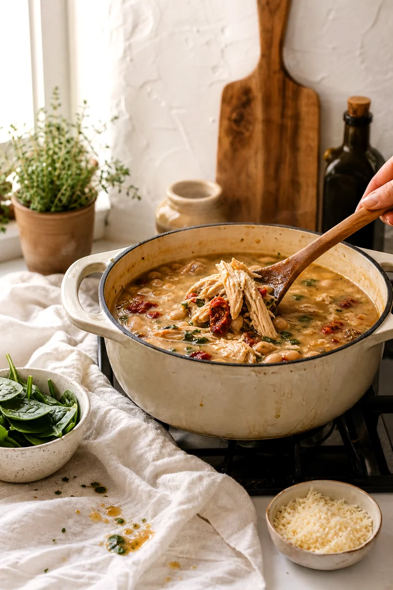 Shredded chicken being stirred into a simmering pot of Tuscan soup with beans and sun dried tomatoes