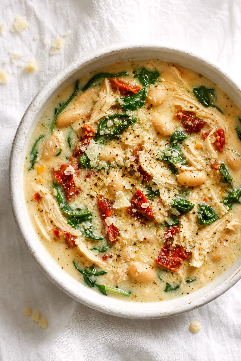 Overhead bowl of creamy Tuscan chicken soup topped with Parmesan and black pepper