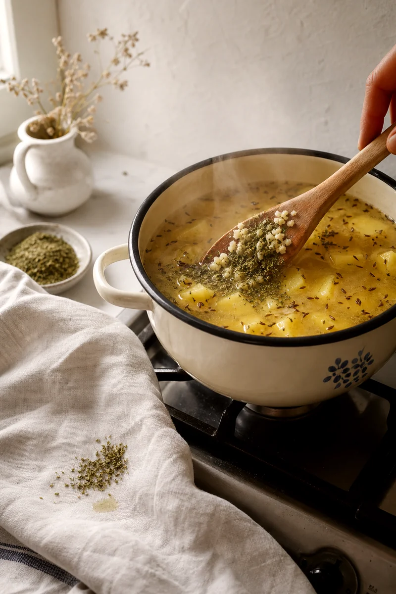 Wooden spoon stirring garlic and marjoram into simmering potato soup with steam rising from the pot