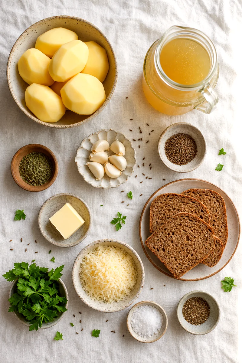 Potatoes, garlic, broth, caraway, marjoram, butter, rye bread, cheese, parsley, salt, and pepper on white linen