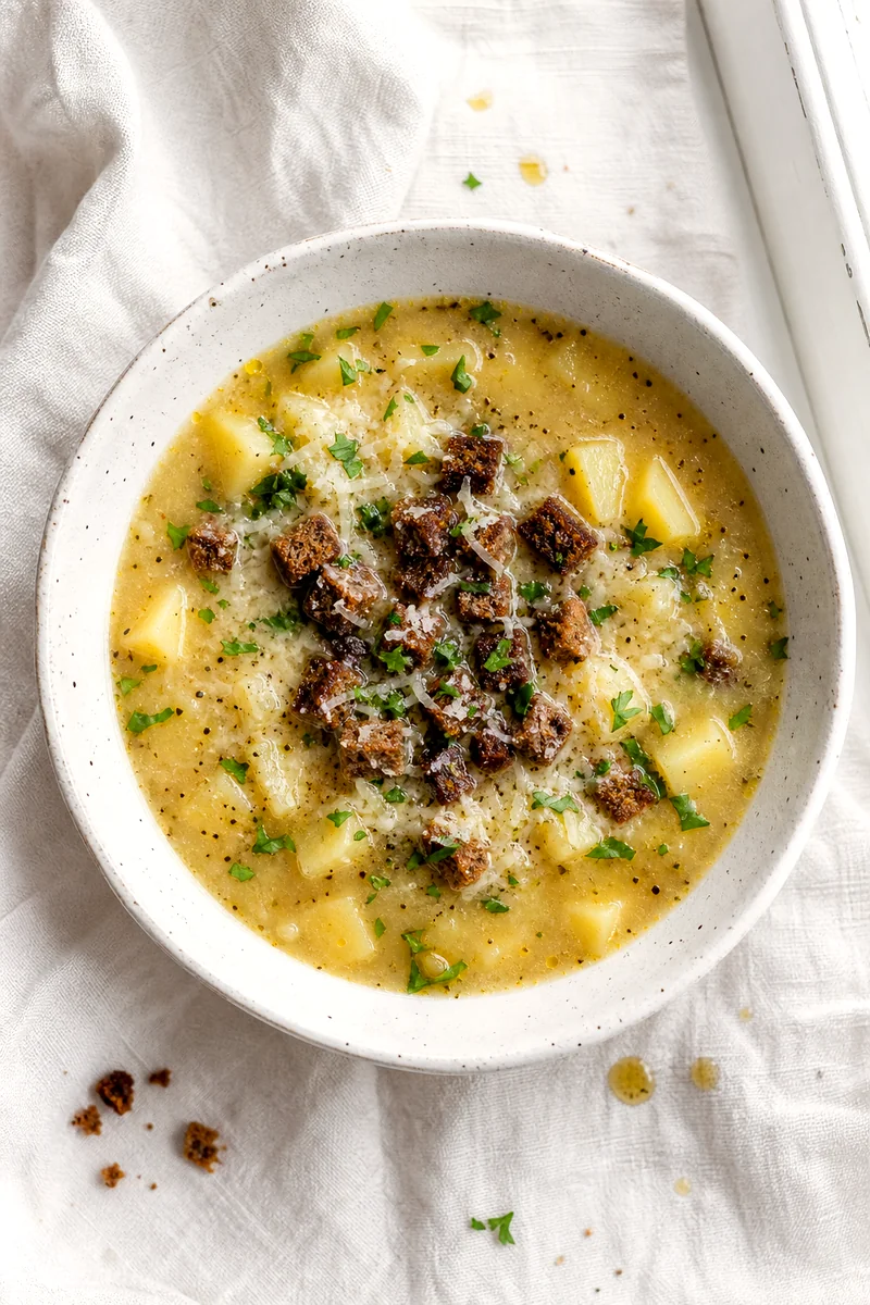 Top view of Czech garlic potato soup with potatoes, rye croutons, grated cheese, parsley, and pepper