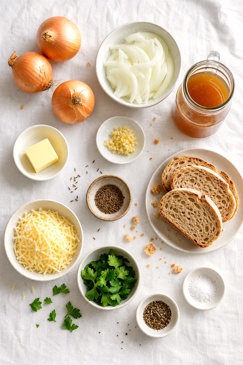 Onions, butter, garlic, broth, caraway, bread, cheese, parsley, salt, and pepper arranged on white linen
