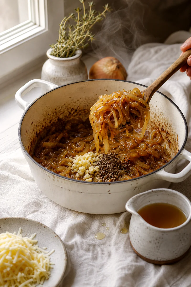 Golden caramelized onions cooking in butter with garlic and caraway in a light enamel pot