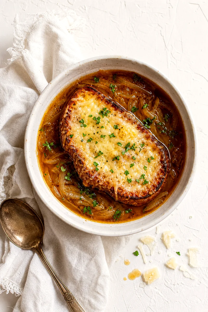 Czech onion soup with melted cheese toast, parsley, and amber broth viewed from above