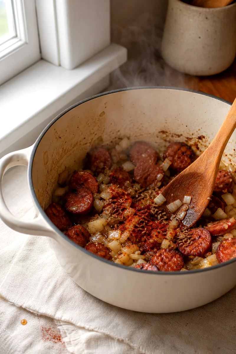 Smoked sausage and onion browning with paprika and caraway in a pot