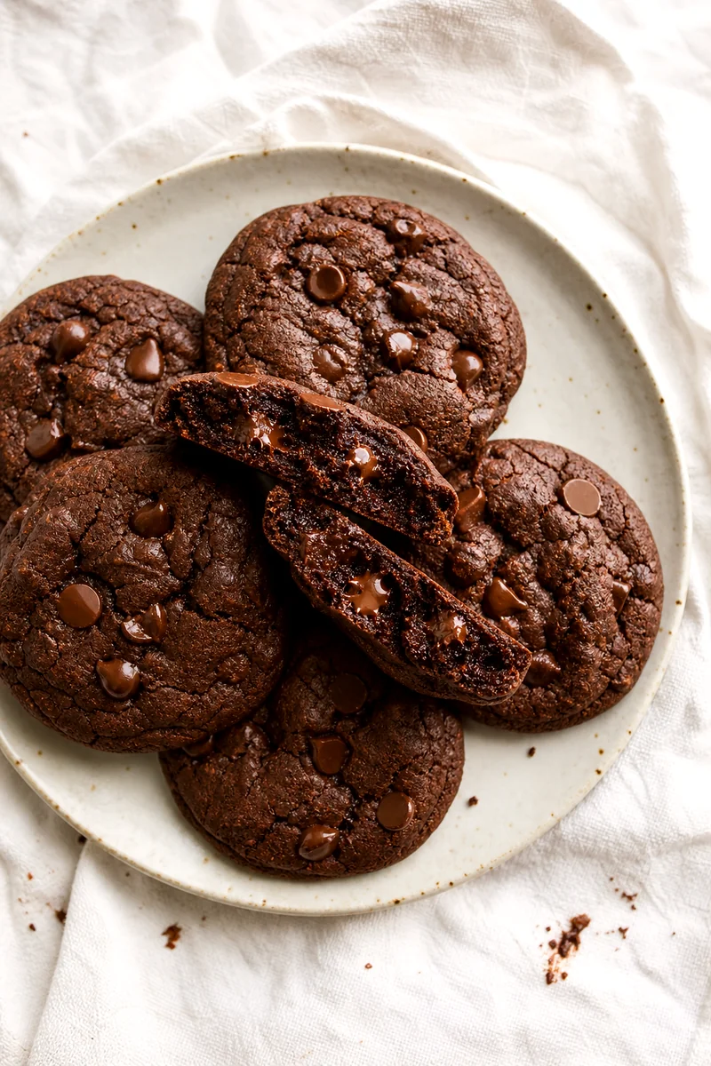 Top down view of double chocolate chip cookies with a split cookie showing a fudgy center