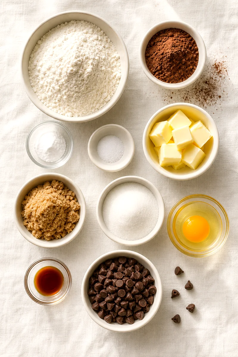 Measured flour, cocoa, sugars, butter, egg, vanilla, and chocolate chips on white linen