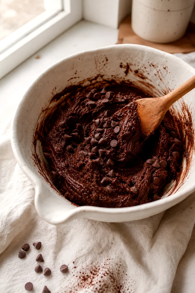 Chocolate chips folded into dark cocoa cookie dough in a white ceramic bowl