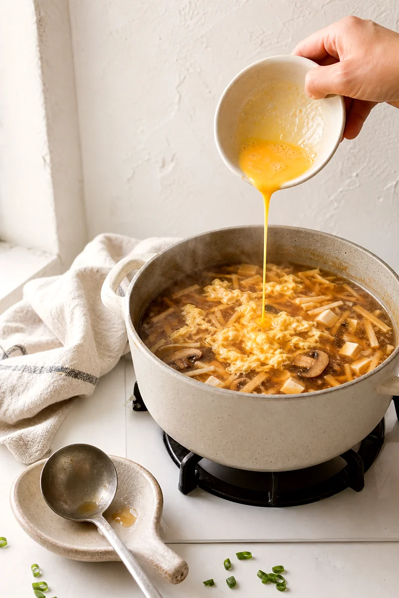 Beaten eggs being poured into simmering hot and sour soup with tofu, mushrooms, and bamboo shoots
