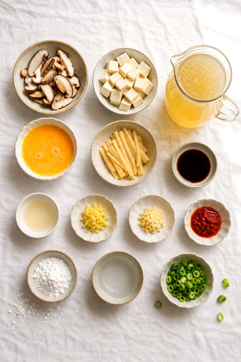 Mushrooms, tofu, eggs, bamboo shoots, broth, soy sauce, rice vinegar, ginger, garlic, chili paste, cornstarch, and green onions arranged on white linen