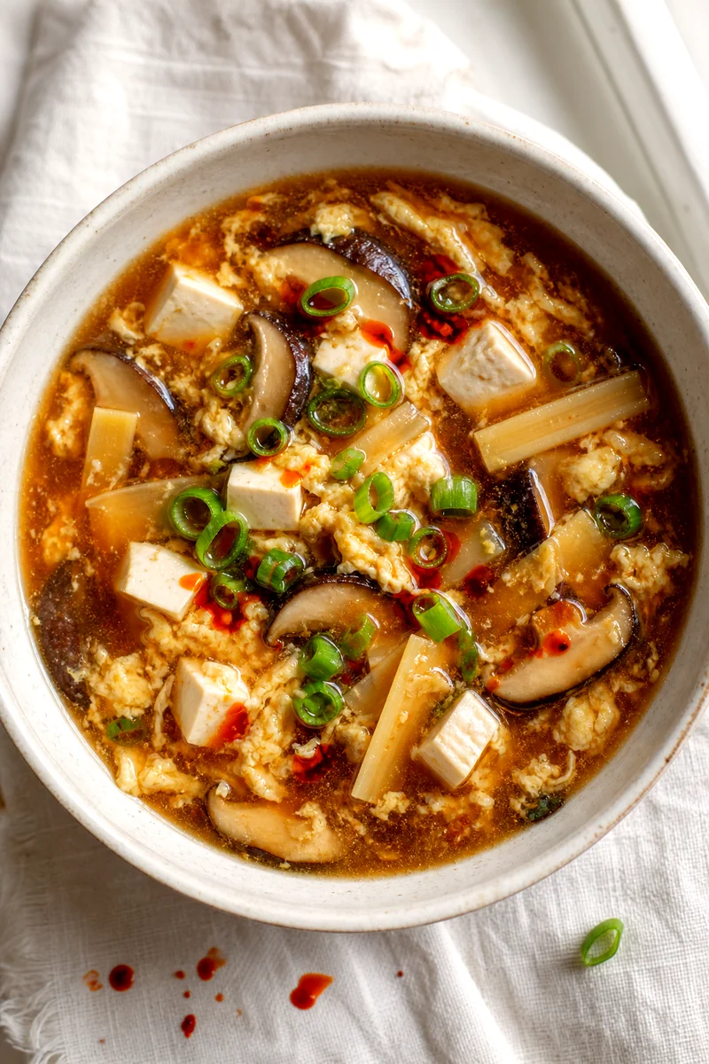 Top down view of hot and sour soup with tofu, mushrooms, bamboo shoots, egg ribbons, and green onions in a white bowl