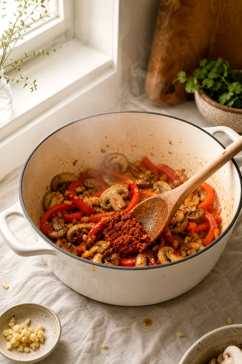 Mushrooms, red bell pepper, garlic, ginger, and red curry paste cooking in a white pot with a wooden spoon