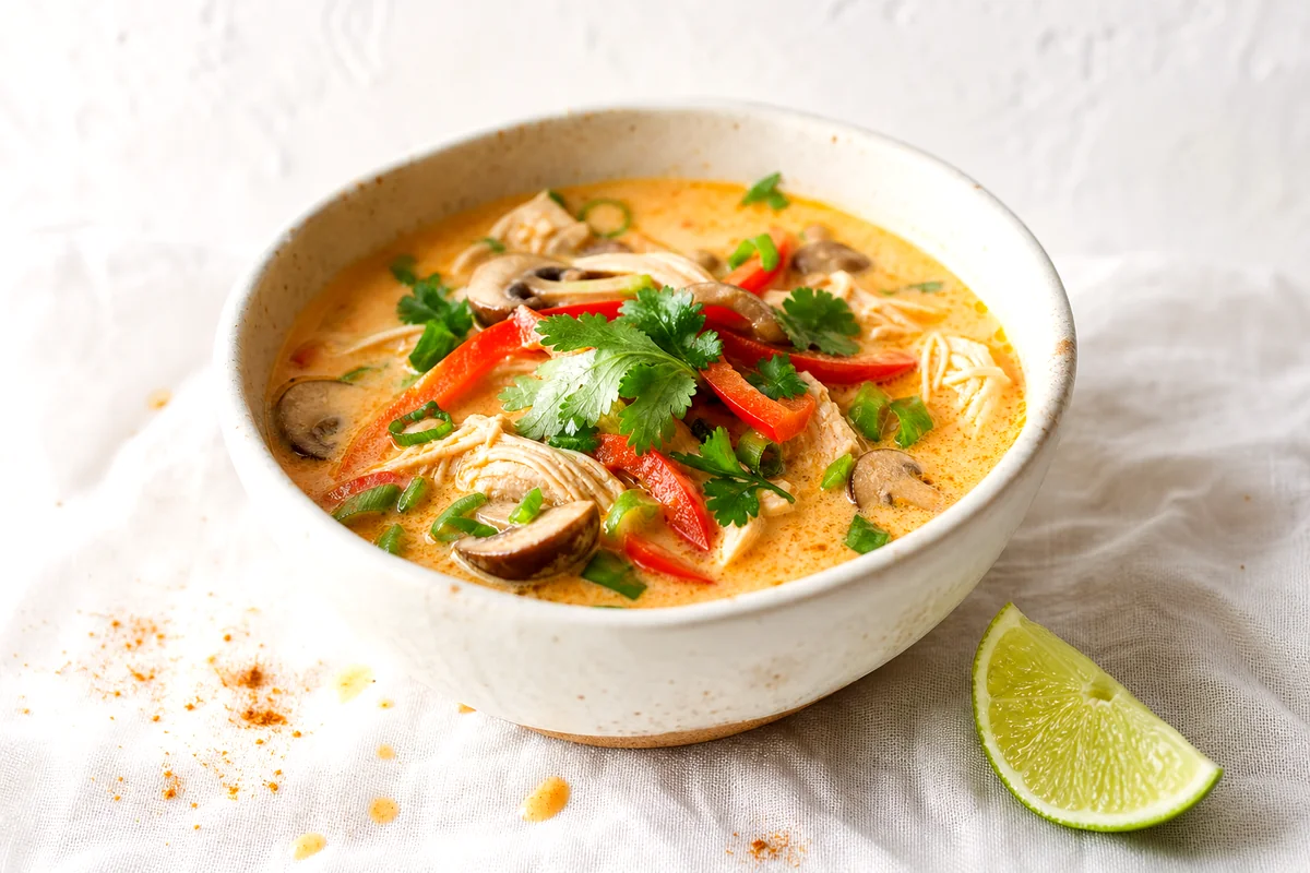 Creamy Thai coconut chicken soup with mushrooms, red bell pepper, cilantro, green onions, and lime in a white bowl
