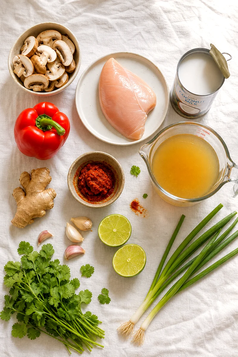 Chicken breast, mushrooms, coconut milk, broth, red curry paste, ginger, garlic, lime, cilantro, and green onions arranged on white linen