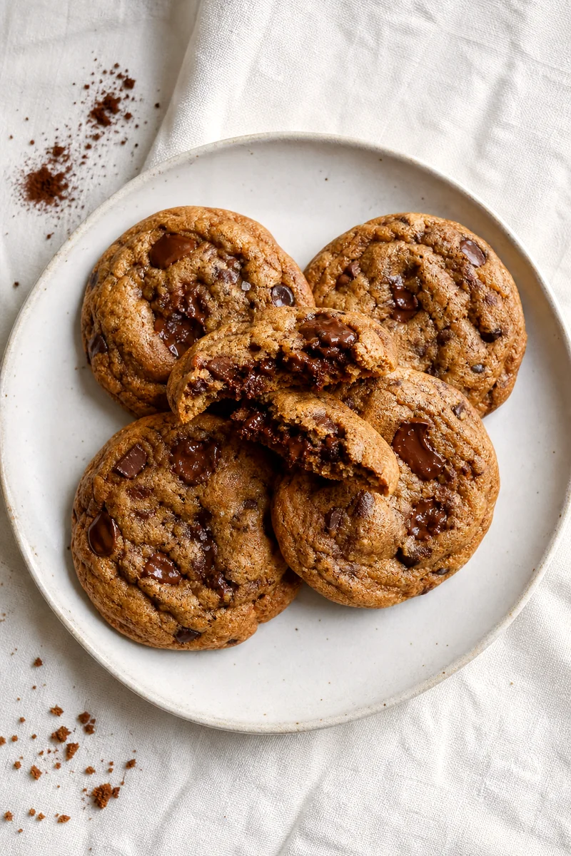 Espresso chocolate chip cookies with one broken open showing a chewy center and melted chocolate