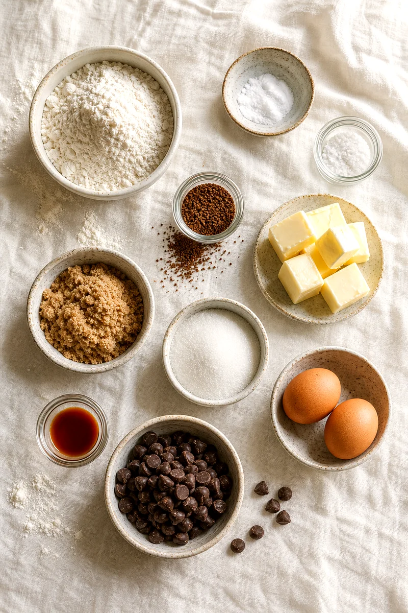 Measured cookie ingredients including flour, espresso powder, butter, sugars, eggs, vanilla, and chocolate chips