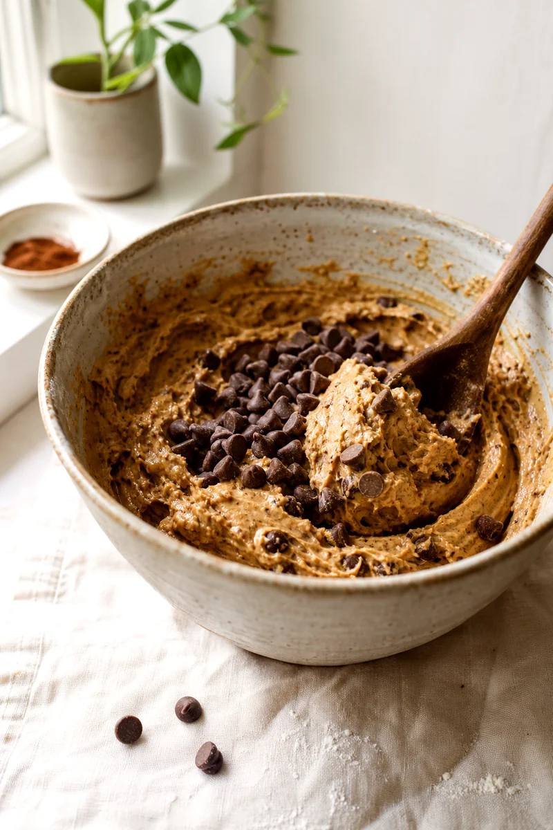 Wooden spoon folding chocolate chips into thick espresso cookie dough in a ceramic bowl