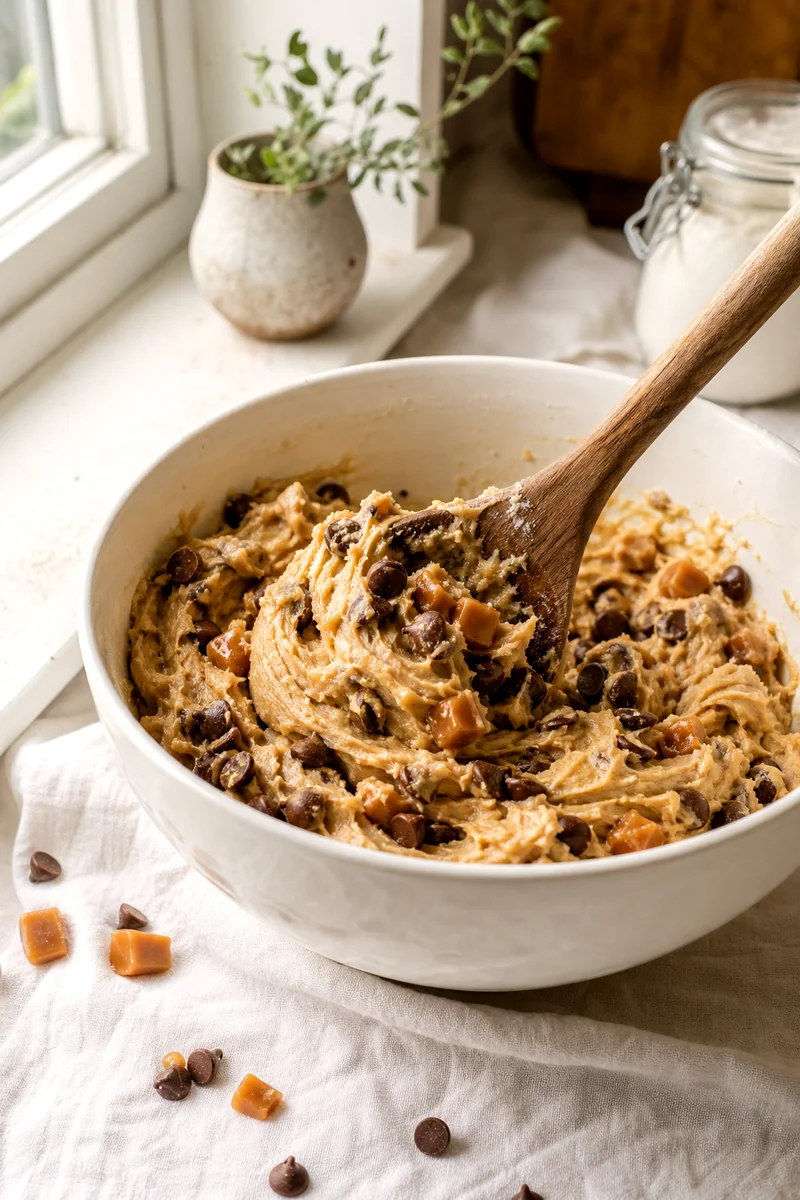 Wooden spoon folding chocolate chips and caramel pieces into thick cookie dough in a white bowl
