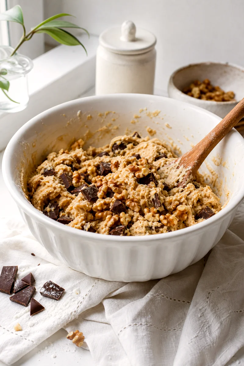 Thick cookie dough in a white bowl with chocolate chunks and walnuts being folded in
