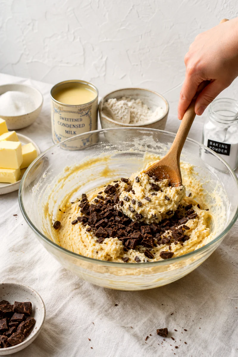 folding-dark-chocolate-into-condensed-milk-cookie-dough